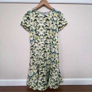 J. Crew Floral Short Sleeve Fit-and-Flare Dress in Yellow and Teal